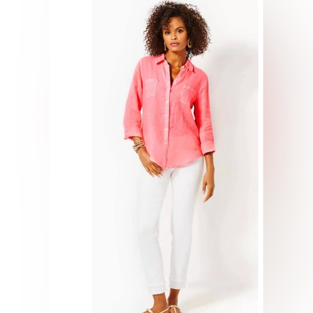 Lilly Pulitzer Sea View coral linen shirt. Size L